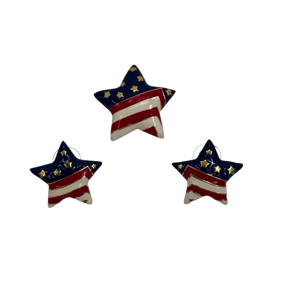 VTG Vintage Star Enamel Pin Brooch Post Earring Set Patriotic USA Flag 4th July